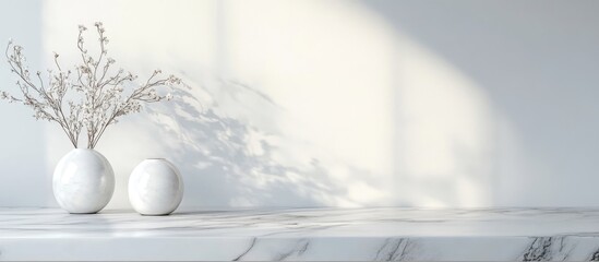 Poster - Elegant white marble table with minimalistic vases and ample blank space for text or branding in bright and airy setting
