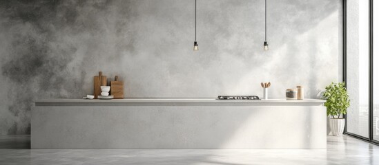 Poster - Modern minimalist kitchen interior with white and gray concrete walls and floor featuring ample empty space for text or design elements.