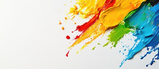  - Vibrant colorful paint splash on white canvas with ample blank space for text or creative designs