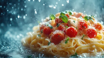 Poster - Delicious traditional pasta dish with chicken and tomatoes garnished with herbs on a dreamy background for text overlay