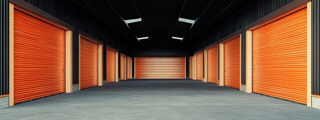 Poster - Warehouse storage space featuring empty units with orange roll-up doors and ample copy space for text or branding opportunities.