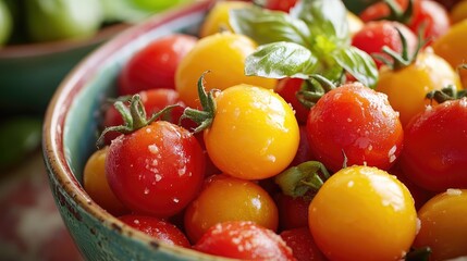 Aufkleber - Colorful Cherry Tomatoes in a Rustic Bowl Perfect for Summer Salads and Salsa Recipes