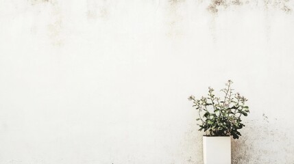 Poster - Minimalist white wall with subtle discoloration and empty space for text, featuring a potted plant for a vintage style concept.