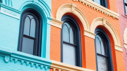 Poster - Colorful Colonial Architecture with Unique Window Designs and Blank Space for Text Integration