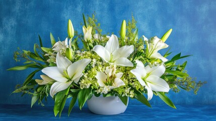 Aufkleber - Elegant arrangement of white lilies and lush green foliage set against a striking blue backdrop for floral design concepts.