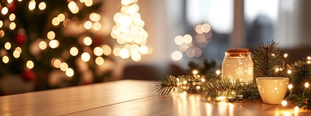 Poster - Warm and Cozy Home Decor with Blurred Christmas Lights and Empty Space for Text on a Festive Table Setting