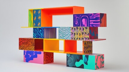 Poster - Colorful bookshelf showcasing vibrant laser printed designs and patterns, perfect for modern interior decor and design inspiration.