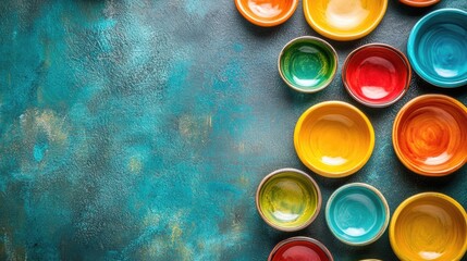 Poster - Vibrant Colorful Ceramic Bowls on Textured Background Perfect for Copyspace and Design Elements