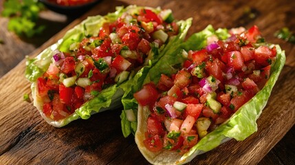 Poster - Healthy Tacos Wrapped in Crisp Iceberg Lettuce Topped with Fresh Pico de Gallo on a Rustic Wooden Board