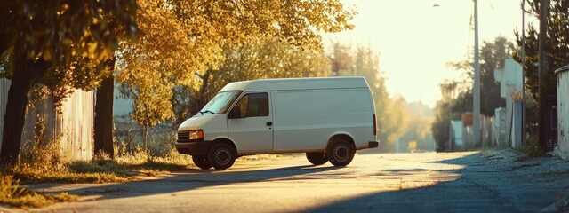 Poster - White commercial van parked on quiet street in morning light surrounded by autumn foliage with clear space for text or branding.