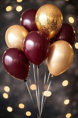 Poster - Elegant balloons with gold and burgundy colors floating against a dark background with bokeh lights