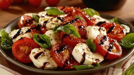 Aufkleber - Fresh and colorful caprese salad with cherry tomatoes, mozzarella cheese, fresh basil, and a drizzle of balsamic glaze on a rustic plate