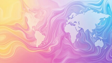 Poster - Vibrant abstract gradient swirl background featuring a world map with ample copyspace for text in pastel color hues.