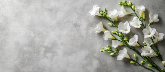Poster - White lilac freesia flowers arranged on a textured gray cement background with empty space for creative text placement.