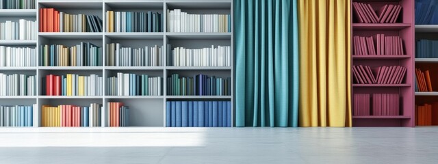 Poster - Modern Warehouse Bookshelves and Colorful Cabinets with Empty Space for Text and Display in Minimalist Interior Design