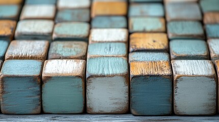 Leinwandbilder - Top view of patterned wood tiles in pastel green and white colors ideal for background or design projects featuring empty space for text.