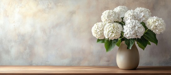 Poster - White Hydrangeas in Elegant Vase on Brown Table Surrounded by Soft Neutral Background with Generous Empty Space for Customization