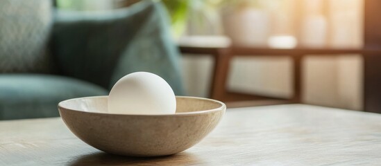 Poster - White massage ball resting in a minimalist bowl on a coffee table with ample empty space for text or advertising content.