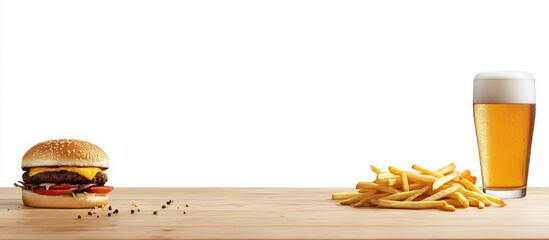 Aufkleber - Delicious burger with French fries and cold beer on wooden table with white background perfect for food advertising and promotions