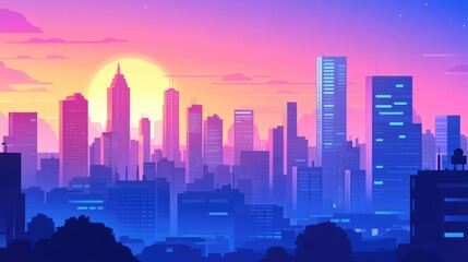 Aufkleber - Vibrant urban skyline at sunset featuring animated screens and ample copyspace ideal for technology themed designs and presentations