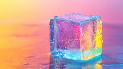 Aufkleber - Glistening vibrant ice cube on reflective surface against colorful gradient background with space for text or branding