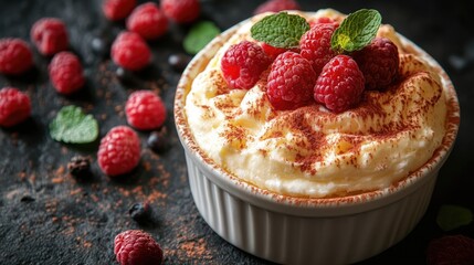 Poster - Top view of delicious raspberry souffle topped with Greek yogurt and fresh mint on dark background with space for text or branding.