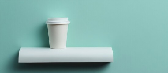 Poster - Minimalist composition of a white paper coffee cup on a light blue background with ample space for text and branding elements