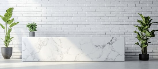 Poster - Modern white marble console in minimalist interior with white brick wall and greenery showcasing ample empty space for text or branding.
