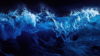 Leinwandbilder - Dynamic Blue Ocean Waves Illuminated by Disco Lights on a Dark Background with Ample Copy Space for Text or Branding