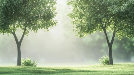 Poster - Serene forest landscape featuring two trees surrounded by mist at dawn with ample space for text overlay and peaceful ambiance.