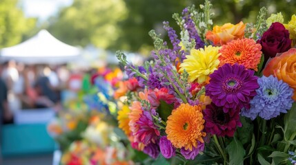 Poster - Vibrant Colorful Flower Bouquets at Street Market with Empty Copyspace for Text in Soft Focus Background