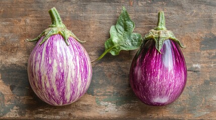 Aufkleber - Two fresh eggplants of different sizes on a rustic wooden surface showcasing their vibrant colors and textures.