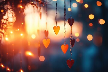 Poster - Hanging heart ornaments with warm bokeh lights create a romantic and festive atmosphere
