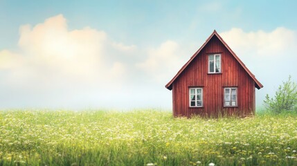 Aufkleber - Traditional Rustic Wooden House Surrounded by Lush Green Fields Under a Blue Sky with Soft Clouds Ideal for Text Placement
