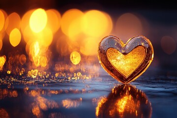 Poster - Golden heart reflection on water surface with blurred light bokeh in background romantic scene