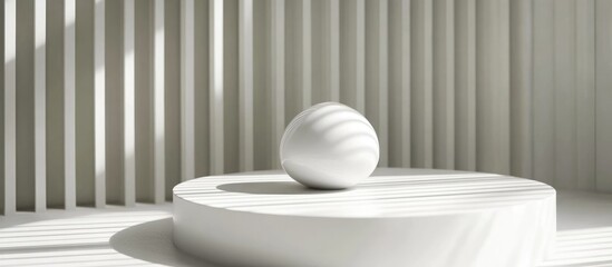 Poster - Minimalist white object displayed on a circular podium in bright interior setting with ample negative space for text placement