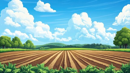 Aufkleber - Vibrant agricultural landscape featuring plowed fields lush trees and a bright blue sky with fluffy clouds ideal for text placement