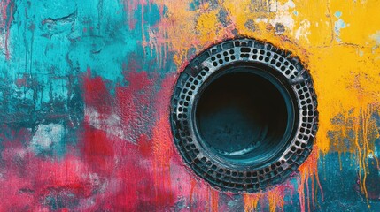 Aufkleber - Colorful drain against vibrant textured background featuring digital elements and ample copyspace for creative text use