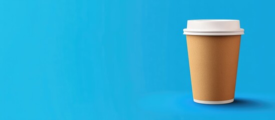 Poster - Blank Coffee To Go Paper Cup with White Lid Isolated on Blue Background for Packaging Design and Copyspace for Branding and Marketing Purposes