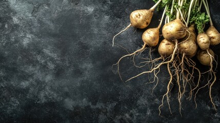 Poster - Rustic potato roots arrangement on a dark textured background with ample space for overlay text and design elements.