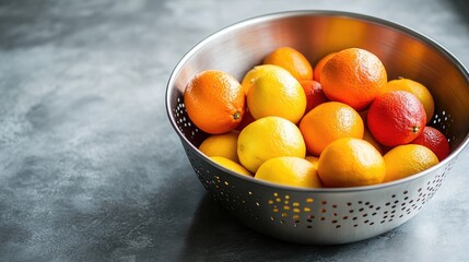Leinwandbilder - Fresh and Colorful Citrus Fruits in a Silver Mixing Bowl on a Gray Background with Copy Space