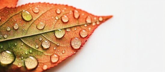 Poster - Autumn Leaf with Water Droplets on White Background Macro Photography Ideal for Nature Themes and Seasonal Design Projects