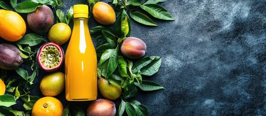 Aufkleber - Fresh passion fruit juice bottle surrounded by ripe fruits and greenery emphasizing nature's bounty and vibrant flavors with space for text
