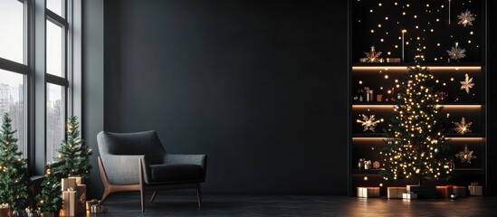 Poster - Cozy black room with Christmas lights and festive decorations creating a warm holiday atmosphere mockup with empty copyspace for text