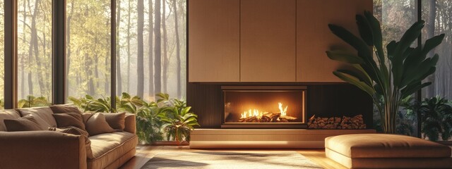 Poster - Cozy Modern Living Room with Fireplace and Natural Light Ideal for Text Overlays