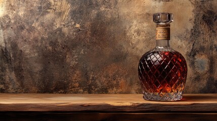 Poster - Vintage Cognac Bottle with Detailed Label Resting on Rustic Wooden Shelf Against Textured Background for Empty Space Usage