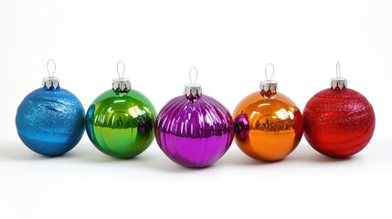 Poster - Colorful Christmas Tree Ornaments in a Row with Reflective Surfaces and Bright Sparkling Finish Ready for Holiday Decoration