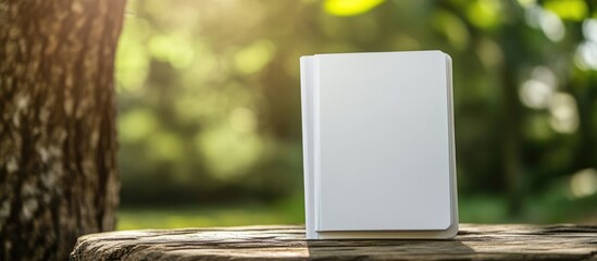 Poster - White notebook on a wooden table outdoors surrounded by greenery with empty space for text or branding display.