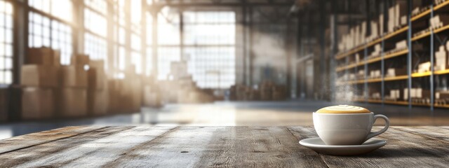 Poster - Warehouse interior featuring storage racks with a cappuccino in the foreground and empty space for text or branding use