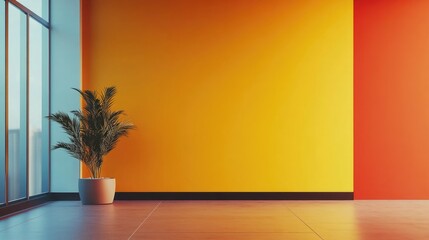 Poster - Vibrant contemporary studio apartment interior featuring colorful walls and a plant with ample empty space for customizable text.